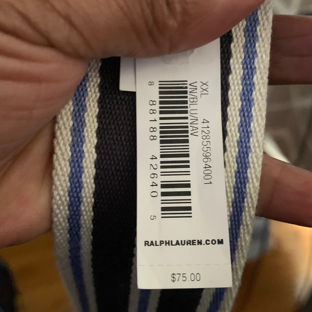 Ralph Lauren Striped Navy, Blue & White Bend-Back Belt with Brown Leather Trim - Picture 4 of 4